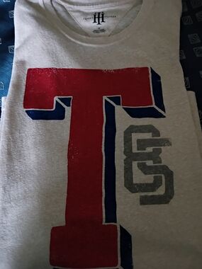 Tommy Hilfiger White Short Sleeve Tee with Red & Blue Block 'T' Graphic